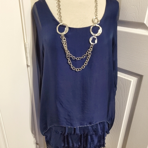 Navy Blue Silk Scoop Neck Tiered Ruffle Lightweight Blouse Women's Size L - Picture 1 of 10